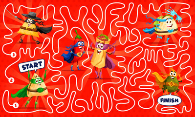 Poster - Labyrinth maze, superhero cartoon mexican tex mex food characters. Kid vector worksheet with nachos, quesadilla, jalapeno, enchiladas or burrito and tacos with avocado comics book superhero personages