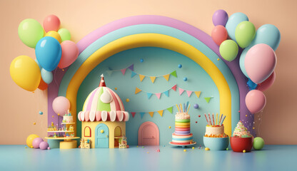 Sticker - Happy Birthday Background with Balloons. Illustration AI Generative.