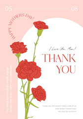 Wall Mural - Card template with Red carnation flower illustration design for 'Mother's Day' concept. Simple and stylish thank you card, panel design illustration graphic set in arched frame.