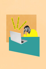 Aufkleber - Vertical collage picture of black white effect exhausted guy use netbook fake information isolated on beige background