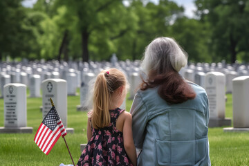 Mother with daughter in cemetery with american flags for memorial day. Generative AI