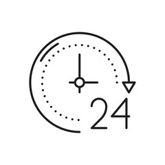 Poster - 24 hours order execution or delivery service outline icon. Vector 24 hour watch with arrow. Support service, time, working hours, delivery timer clock