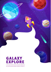 Poster - Space landing page. Galaxy landscape, spaceship launch, stars and planets vector website background for business startup or astronomy science project launch. Space exploration web banner template