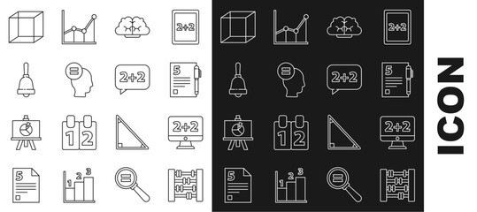 Sticker - Set line Graph, schedule, chart, diagram, Open book, Test or exam sheet, Function mathematical symbol and icon. Vector