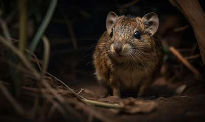 Wall Mural - Mischievous Degu in the Tunnels: Portrait of Genus Octodon. Degu (genus Octodon) captured scurrying through a maze of intricate tunnels with a mischievous glint in its eye. Generative AI