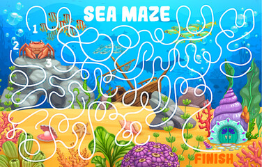 Aufkleber - Labyrinth maze cartoon underwater landscape and animals. Kids vector board game worksheet help cartoon funny crab find house on sea bottom. Boardgame quiz task with tangled path, start and finish