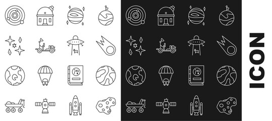 Poster - Set line Asteroid, Falling stars, Comet falling down fast, Planet Venus, Mars rover, Solar system and icon. Vector