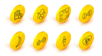 Sticker - Set line Sleepy, Pipette with oil, Dumbbell, Banana, Bathroom scales, Vitamin pill and Sport training program icon. Vector