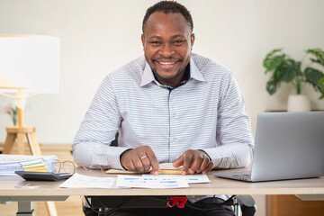 Wall Mural - African American businessman smiling relaxed and crossed arms after analysis and research at home office