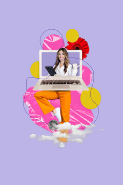 Vertical image poster artwork collage of unusual woman no face netbook instead head doc online consultation isolated on drawing background