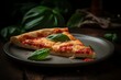 Naples-style Margherita pizza slice, thick crust, slow-risen, tomato, mozzarella, basil. Generative AI