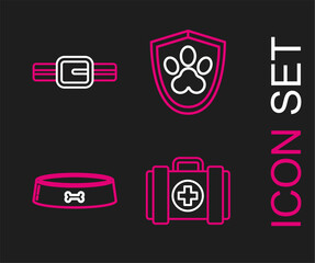 Sticker - Set line Pet first aid kit, food bowl, Animal health insurance and Collar with name tag icon. Vector