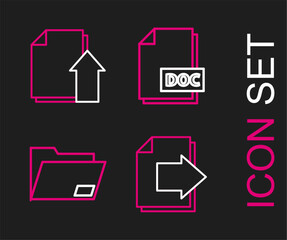 Sticker - Set line Next page arrow, Document folder, DOC file document and Upload icon. Vector