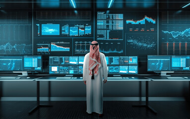 Muslim businessman working with floating data visualization screen