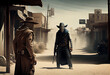 The picture captures the moment just before a dramatic shootout between two gunslingers in the middle of a dusty street. Generative AI technology.
