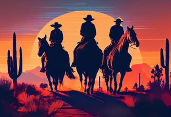 Aufkleber - The image captures a group of rugged cowboys riding their horses across a vast, sun-drenched plain, their Stetson hats shading their eyes against the glare of the sun. Generative AI technology.
