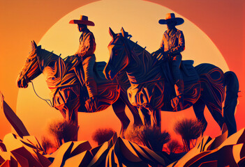 Aufkleber - The image captures a group of rugged cowboys riding their horses across a vast, sun-drenched plain, their Stetson hats shading their eyes against the glare of the sun. Generative AI technology.
