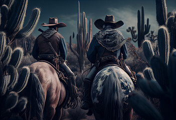 Aufkleber - The image captures a group of rugged cowboys riding their horses across a vast, sun-drenched plain, their Stetson hats shading their eyes against the glare of the sun. Generative AI technology.
