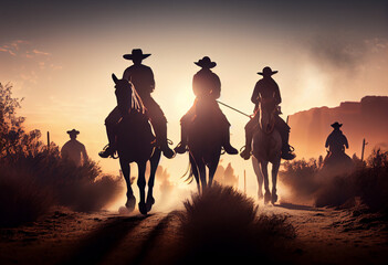 Aufkleber -  The image captures a group of rugged cowboys riding their horses across a vast, sun-drenched plain, their Stetson hats shading their eyes against the glare of the sun. Generative AI technology.