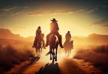 Aufkleber -  The image captures a group of rugged cowboys riding their horses across a vast, sun-drenched plain, their Stetson hats shading their eyes against the glare of the sun. Generative AI technology.
