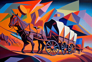 Aufkleber - The image captures a group of rugged cowboys riding their horses across a vast, sun-drenched plain, their Stetson hats shading their eyes against the glare of the sun. Generative AI technology.