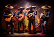 mexican sombrero and guitar concept, contemporary colors and mood social background. Generative AI technology	 Generative AI technology.