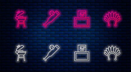 Poster - Set line Baseball bat with ball, Vote box, Barbecue grill and Indian headdress feathers. Glowing neon icon on brick wall. Vector