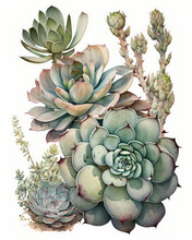 Different Flowering Succulents Illustrated On White (Echeveria). Generative AI