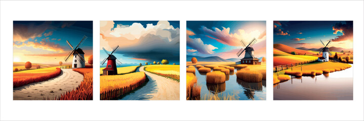 Rural summer landscape with windmill and wheat field. Vector illustration. Nature rural landscape with old dutch windmills on wheat field. Concept production flour from grain on mills with millstone