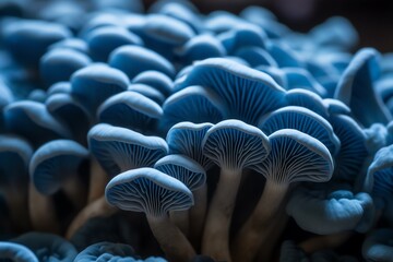 Wall Mural - close up of blue oyster mushrooms grown in a fungi farm. generative ai