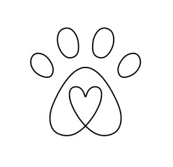 Wall Mural - vector isolated one single paw print with heart inside colorless black and white contour line easy d