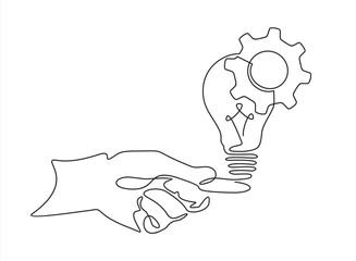 continuous line drawing of human hands holding light bulb with gear, One line art concept of smart idea innovation. Vector illustration