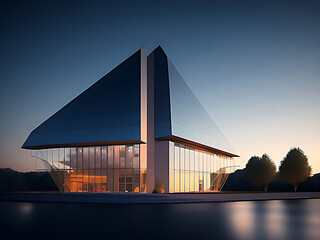 Contemporary triangle shape design modern Architecture building exterior. Night scene. Photorealistic 3D rendering.