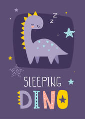 Wall Mural - cute poster with sleeping dino for kids bedroom. scandinavian print with dreaming diplodocus dinosau