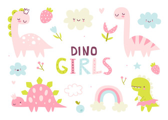Wall Mural - cute girly dino set. naive pink dinosaurs collection for baby girls. abstract vector dino girls.