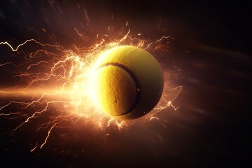 Wall Mural - a tennis ball hit at high speed with lightning power and a bright background image. generative ai