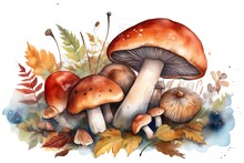 Colorful Cute Watercolor Of Autumn Mushroom Botanicals. Generative AI