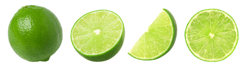 Wall Mural - Natural fresh lime, slice and half isolated, transparent png, PNG format, cut-out