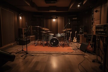 Stage instruments in a music recording studio. Generative AI