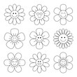 Cute funny groovy flowers collection in linear style. Smiling head face outline with petals. Vector illustration