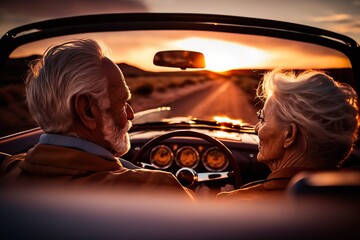 A retired couple drives a convertible car into the sunset on their vacation. Ai generated.