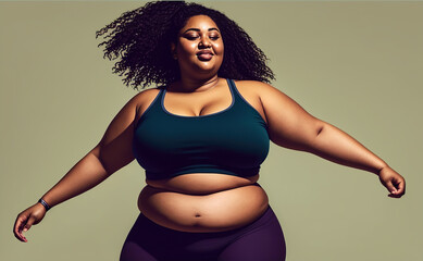 Happy obese woman does exercise to lose weight, isolated on studio background. Ai generated.