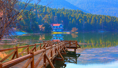 Poster - Wooden Lake house inside forest with old pier - Bolu (Gölcük) Golcuk National Park