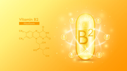 Wall Mural - Gold oil capsule vitamin B2 or Riboflavin and structure chemical formula. Pill multivitamin complex with bubble collagen serum radius ring surround. Skincare cosmetics nutrition design. 3D Vector.