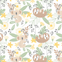 Vector Seamless Pattern With Cute Koala, Sloth And Floral Element. Bright Childish Texture With Funny Animals, Leaves, Flowers. Print For Kids Textile.