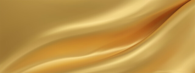 Abstract golden silk vector background. Luxury white cloth or liquid wave. Abstract or gold fabric texture background. Gold Cloth soft wave. Creases of satin, silk, and Smooth elegant cotton.