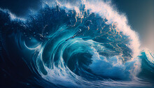 Close-up Of Large Blue Breaking Wave In Sea Ocean. Blue Sea Wave Background. Ai Generated Image