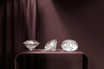 Poster - Round Diamond placed on podium with curtain background 3d rendering