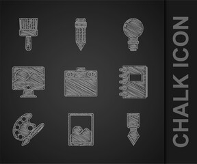 Poster - Set Graphic tablet, Palette knife, Spiral notebook, Paint brush with palette, Computer monitor screen, Light bulb and icon. Vector