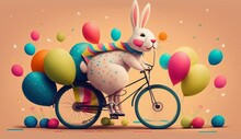 A Cute Cheerful Rabbit Holds An Egg And Rides A Bicycle On The Occasion Of Easter Celebration, Creative Illustration, Generative AI